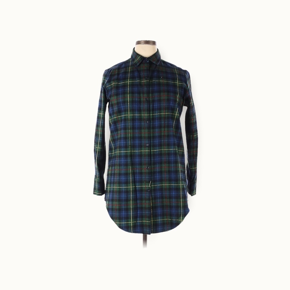 MAUDE Long Blue Plaid Flannel Button Down Dress Shirt